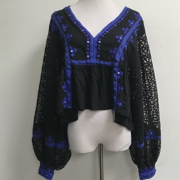 Free People lace black blue embroidered boogie top boho long sleeve M - Picture 3 of 8